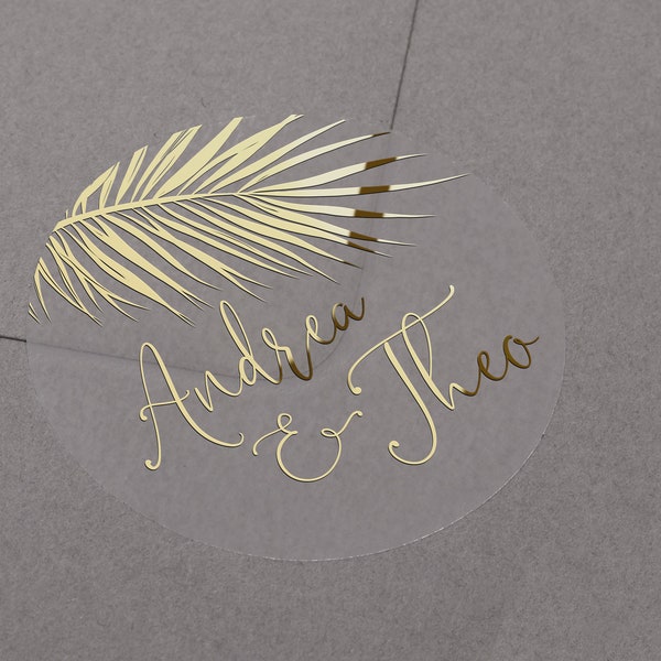 Wedding stickers with tropical palm tree. Foiled personalised names on semi clear matt envelope label. Gold, rose gold or silver foil