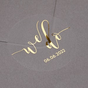 Foil wedding we do sticker with personalised date. Foiled with gold, rose gold or silver foil. Matt semi clear envelope sticker. Favour seal