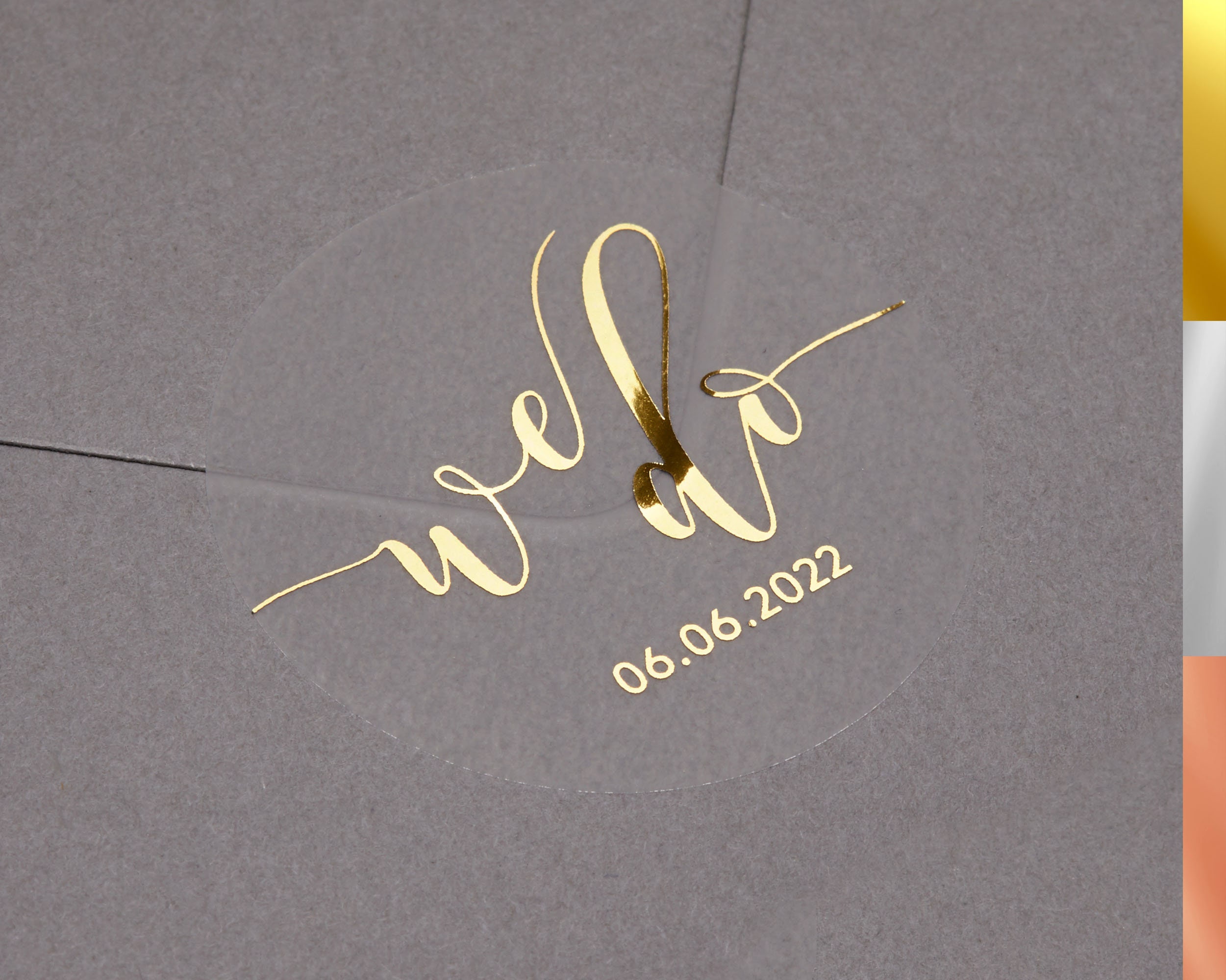 Foiled Wedding envelope stickers with personalised names. Gold, Rose Gold  or Silver foil labels. Semi clear matt seal for gift or favour