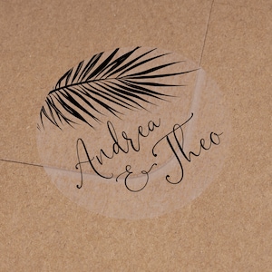 Adesivi per matrimonio con palme. Adesivi personalizzati per viaggi tropicali con nomi. Adesivi semi trasparenti opachi con stampa nera per bomboniere