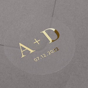 Foiled Wedding initials and date stickers. Personalised custom labels. Gold, rose gold, silver wedding sticker. Semi clear envelope seal.