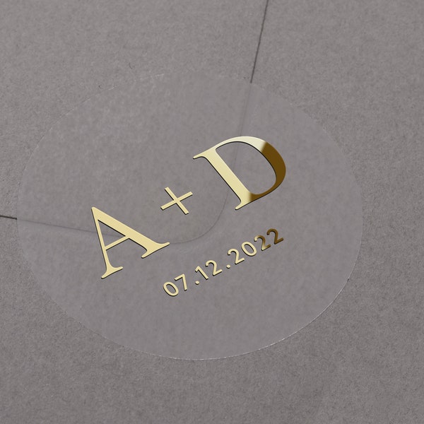 Foiled Wedding initials and date stickers. Personalised custom labels. Gold, rose gold, silver wedding sticker. Semi clear envelope seal.