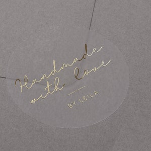 Handmade with love Aufkleber mit personalisiertem Business Namen. Handwerksladen Produkt- oder Verpackungsaufkleber. Goldfolierte benutzerdefinierte Boutique-Aufkleber