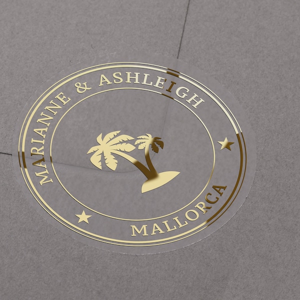 Wedding stickers with palm tree. Foiled personalised names and destination on semi clear matt envelope label. Gold, rose gold or silver foil