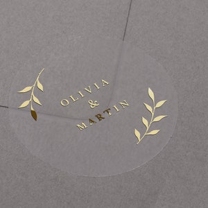 Foiled Wedding envelope stickers with personalised names. Gold, Rose Gold or Silver foil labels. Semi clear matt seal for gift or favour