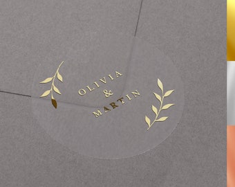 Foiled Wedding envelope stickers with personalised names. Gold, Rose Gold or Silver foil labels. Semi clear matt seal for gift or favour