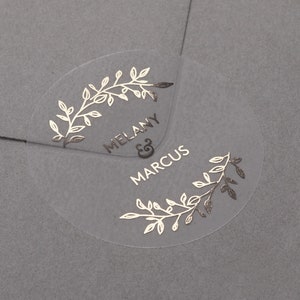 Foiled Wedding envelope stickers with personalised names. Gold, Rose Gold or Silver foil labels. Semi clear matt seal for gift or favour