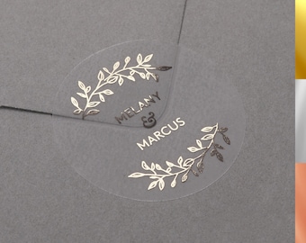 Real Foil Wedding Stickers, Personalised Laurel Leaf Labels, Custom Names Transparent Envelope Seals, Gold, Silver, Rose Gold, 37mm 45mm