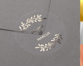 Foiled Wedding envelope stickers with personalised names. Gold, Rose Gold or Silver foil labels. Semi clear matt seal for gift or favour