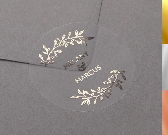 Foiled Wedding envelope stickers with personalised names. Gold, Rose Gold  or Silver foil labels. Semi clear matt seal for gift or favour