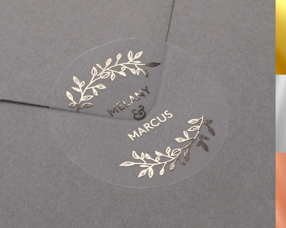 Real Foil Wedding Stickers, Personalised Laurel Leaf Labels, Custom Names Transparent Envelope Seals, Gold, Silver, Rose Gold, 37mm 45mm
