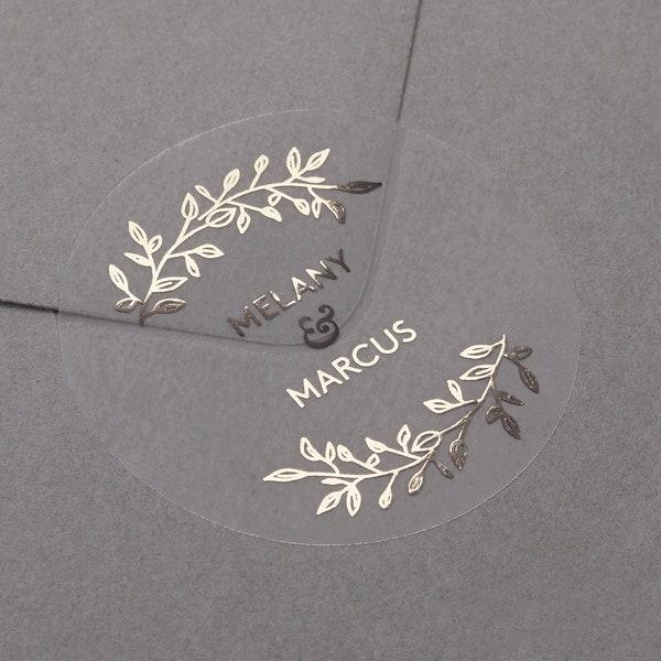 Echt folie trouwstickers, gepersonaliseerde laurierbladlabels, aangepaste namen transparante envelopzegels, goud, zilver, roségoud, 37 mm 45 mm