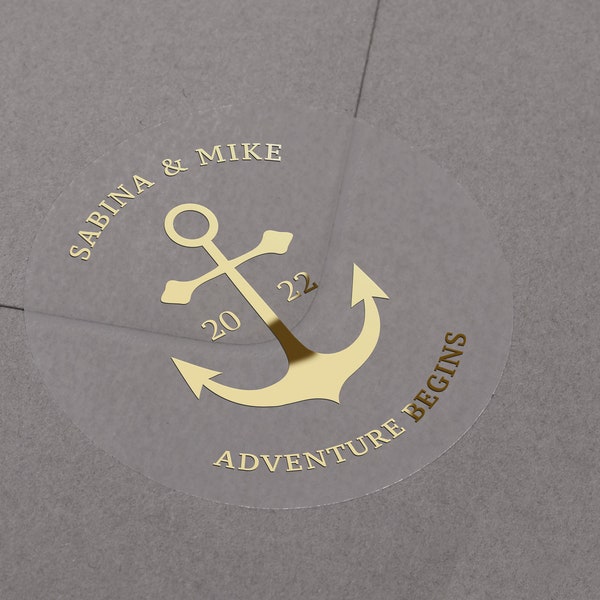 Nautical Wedding stickers with anchor. Foiled personalised names and year on semi clear matt envelope label. Gold, rose gold or silver foil