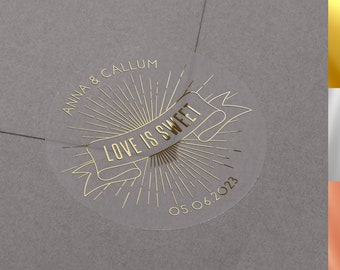 Personalized Wedding Favor Stickers, Gold Foil Print, Semi-Transparent
