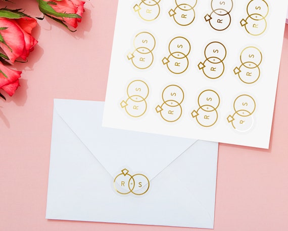 Foiled Engagement ring stickers with personalised initials. Wedding sticker  in gold foil for favours. Semi clear gift or envelope seals.