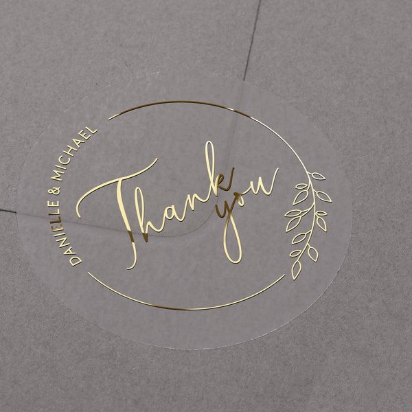 Thank You wedding foiled stickers with personalised names. Real foil print Thank You wedding favor labels in gold, silver, rose gold