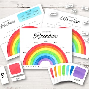 Pack d'activités Les couleurs de l'arc-en-ciel | École à la maison imprimable | Étude de la nature | Météo | Cartes en 3 parties