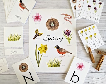 Spring Early Learning Bundle | Homeschool Printable | 3-Part Cards | Early Writing | Math