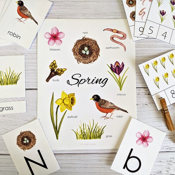 Spring Early Learning Bundle | Homeschool Printable | 3-Part Cards | Early Writing | Math