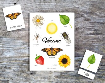 Spanish Summer Mini Poster and Cards | Homeschool Printable | 3-Part Cards