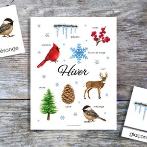 Mini póster y tarjetas de invierno francés / Imprimible para educación en casa / Tarjetas de 3 partes
