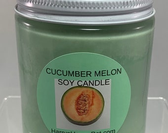 Cucumber Melon 8 oz glass jar scented soy candle natural cotton wick relaxation meditation romantic stocking stuffer gift idea Christmas