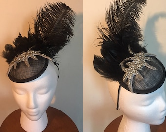 Unbelievable black fascinator - headband with silver ornament and black feather