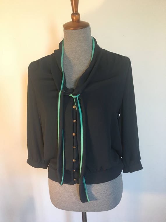 40's inspired blue blouse with neck tie and gold … - image 2