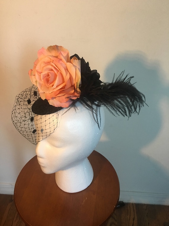 veiled fascinator hat pastel pink and bla… Gem