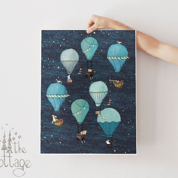 Hot Air Balloon nursery print, Night sky art, Boy nursery print, tranquil Nursery, soothing nursery decor, calming colors nursery wall art