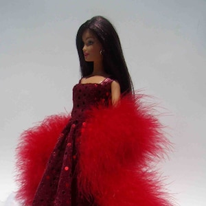 BU1-02 - Burgundy Evening Gown and boa for Barbie, Silkstone, Fashion Royalty, Poppy Parker, Nu Face & similar 11.5 to 12&#39;&#39; fashion dolls