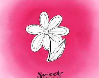 May include: A black and white silhouette of a simple flower with five petals and a stem with a leaf. The flower is on a pink background with the text "Sweet Silhouettes" below it.