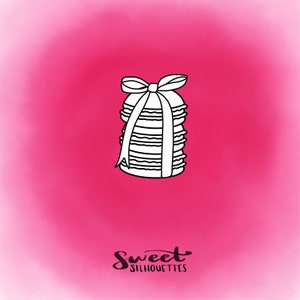 May include: A stack of white macarons tied with a white ribbon, on a pink background with the text "Sweet Silhouettes".