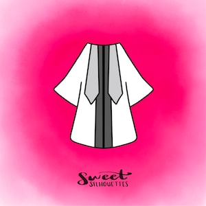 May include: A white robe with a black and gray collar and two gray ties. The robe is on a pink background with the text "Sweet Silhouettes" at the bottom.