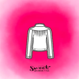 May include: A white jacket with a fringe detail around the collar. The jacket is outlined in black and is on a pink background. The text "Sweet Silhouettes" is below the jacket.