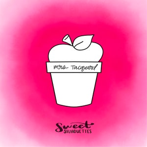 May include: A black and white line drawing of an apple with a leaf on top. The apple has a label that says "Mrs. Tacquard". The text "Sweet Silhouettes" is below the apple.