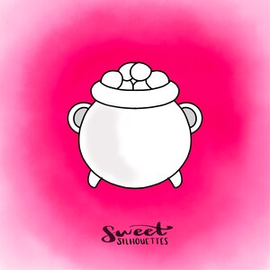 Könnte beinhalten: Ein weißer Kessel gefüllt mit weißen Süßigkeiten, mit dem Text "Sweet Silhouettes" darunter.