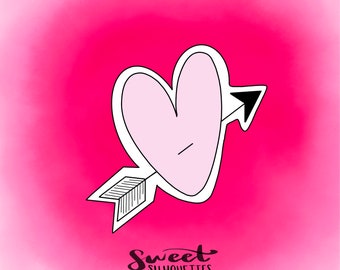 May include: A pink heart with a black arrow through it on a pink background. The text "Sweet Silhouettes" is below the heart.