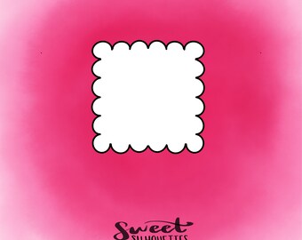 Puede incluir: Una silueta de galleta blanca con un borde festoneado sobre un fondo rosa. El texto "Sweet Silhouettes" está debajo de la galleta.