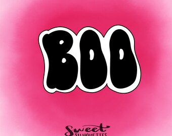 May include: A black and white graphic of the word "BOO" in a bubble letter style on a pink background. The text "Sweet Silhouettes" is written in black cursive below the word "BOO".