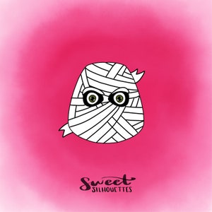 Puede incluir: Una silueta de momia blanca con ojos verdes sobre un fondo rosa. El texto "Sweet Silhouettes" está debajo de la momia.