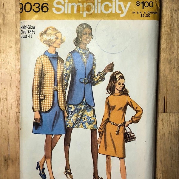 Size 18 1/2 Bust 41" Simplicity Pattern 9036 Jacket, Vest and Dress, long lantern sleeves, bias roll collar, a-line dress