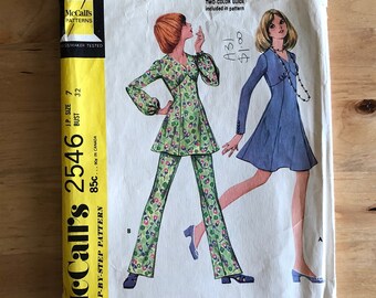 McCall's Pattern 2546 JP (Junior Petite) Size 7 Bust 32" Vintage 1970's dress, tunic and pants sewing pattern in teen sizes