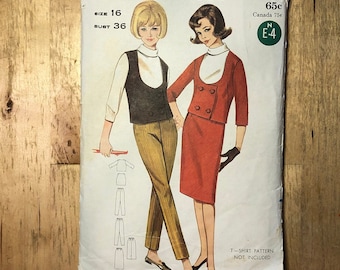 Size 16 Bust 36" Butterick Pattern 3263 Misses Coordinates Pants, Straight Skirt and deep neck weskit