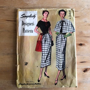 Vintage 1940&#39;s Simplicity Designer&#39;s Pattern 8110 Size 16 Bust 36&quot; misses one-piece short sleeve dress with pencil skirt and cape