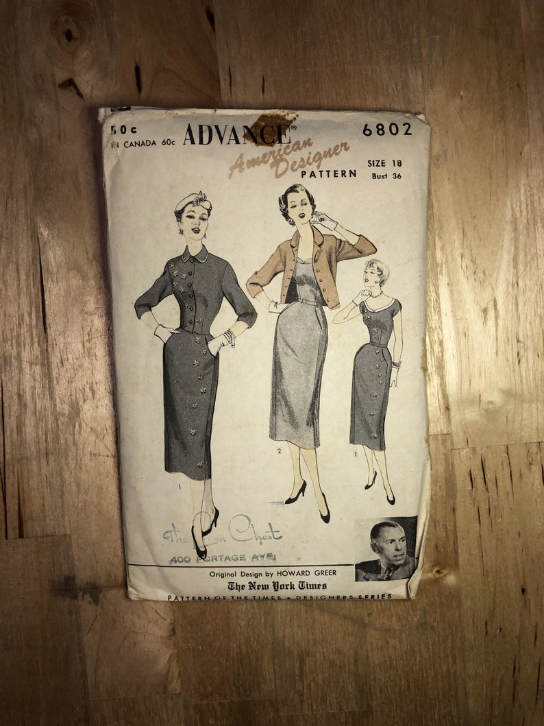 1950's Size 18 Bust 36 Howard Greer Vintage Advance Pattern Women's Sleeveless Sheath Dress with Waistline Jacket image 1