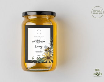 Wildflower Honey Preserve/Jam Jar Labels, 3" x 4" & 52x70mm, Fully Editable Template