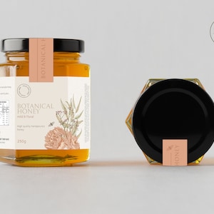Native Botanical Honey/Jam Jar Labels, wrap around label + tamper seal,  Fully Editable Template