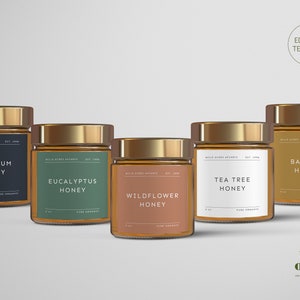 Native Minimalist Australian Honey Preserve/Jam Jar Labels, 2.5" x 2.5", 5 colours, Fully Editable Template, Avery Label Compatible