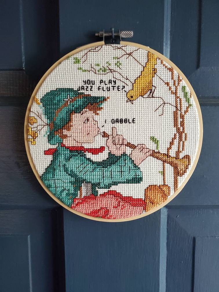 Anchorman/jazz flute 6 inch vintage cross stitch/ ready to Etsy